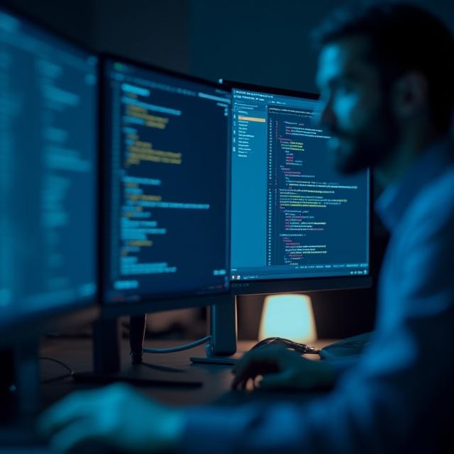 A software engineer in a modern workspace analyzing cloud infrastructure diagrams on multiple monitors