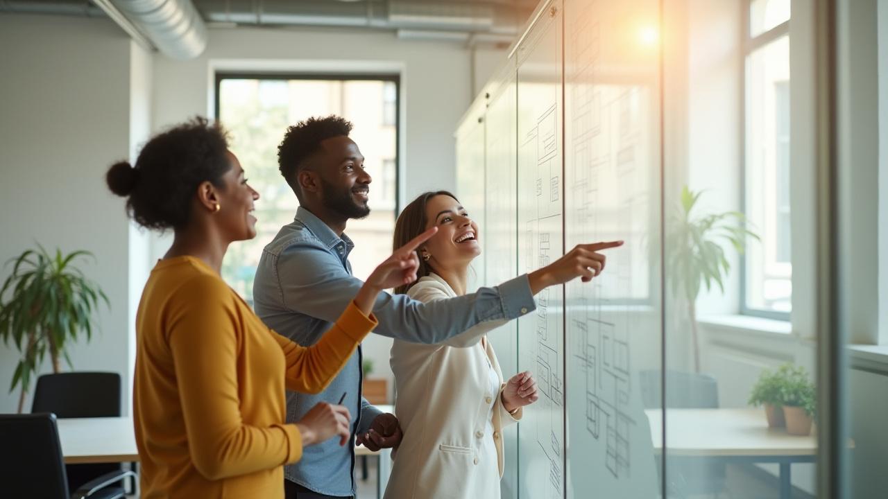 A diverse tech team collaborating on a software architecture diagram at a whiteboard in a London office